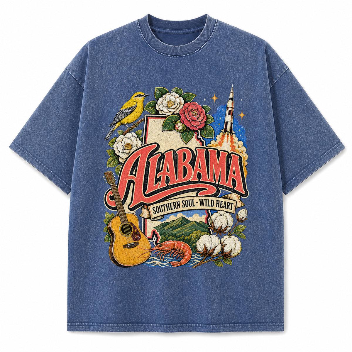Colorful Alabama State Collage Washed Vintage T-Shirt in Blue, front view on a white background