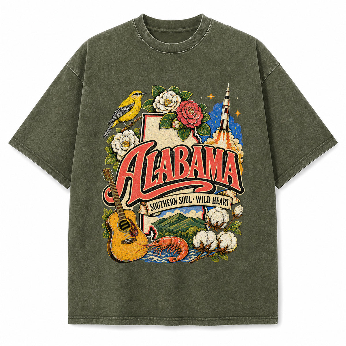 Colorful Alabama State Collage Washed Vintage T-Shirt in Military Green, front view on a white background