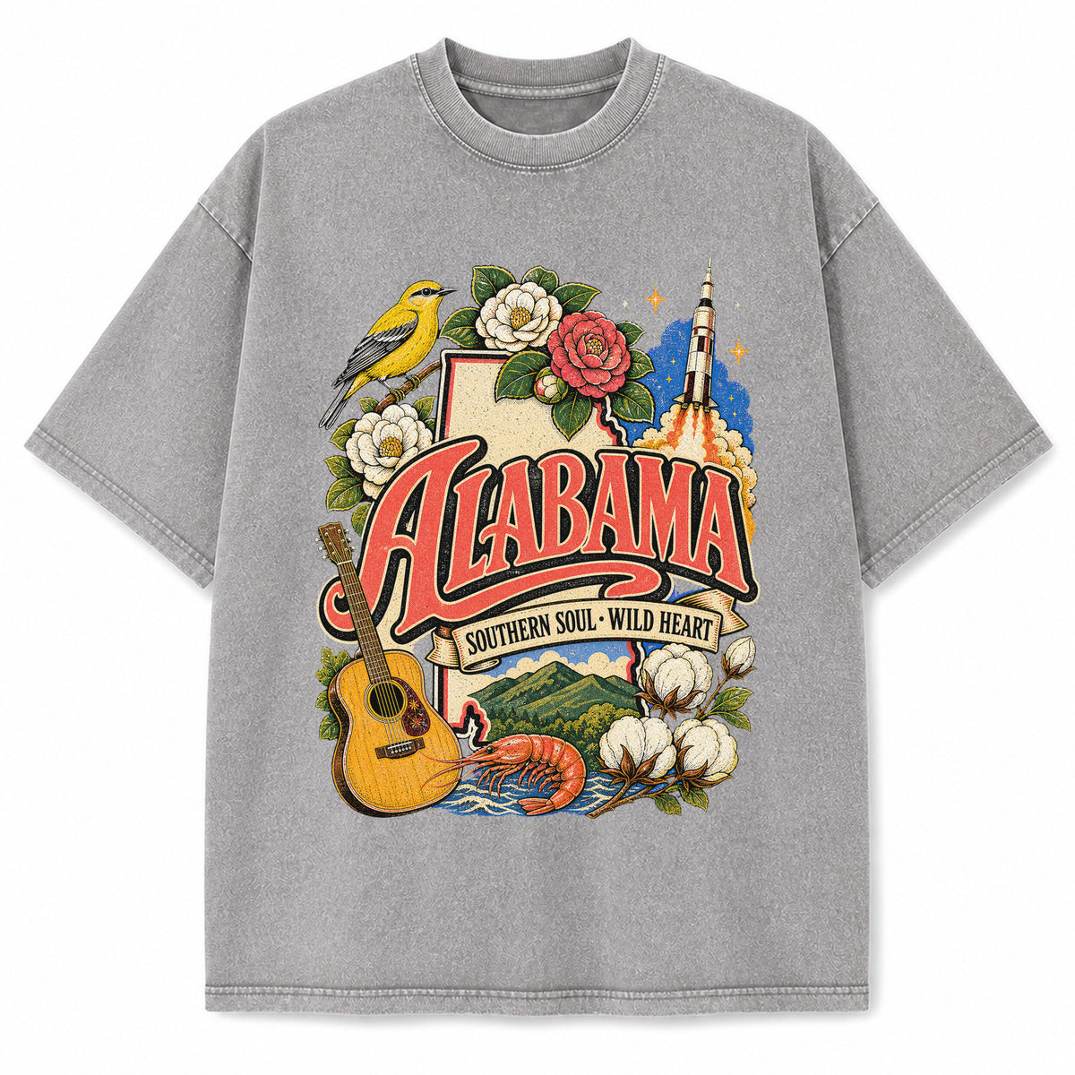 Colorful Alabama State Collage Washed Vintage T-Shirt in Light Gray, front view on a white background
