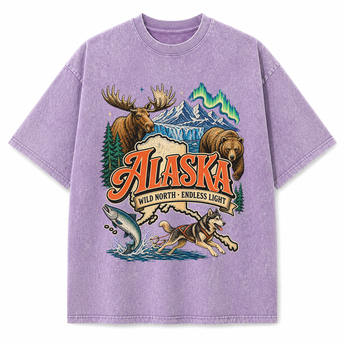Colorful Alaska State Collage Washed Vintage T-Shirt in Purple, front view on a white background