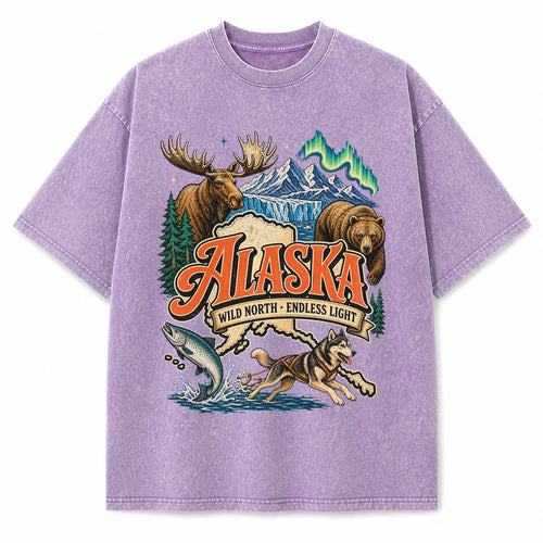 Colorful Alaska State Collage Washed Vintage T-Shirt in Purple, front view on a white background