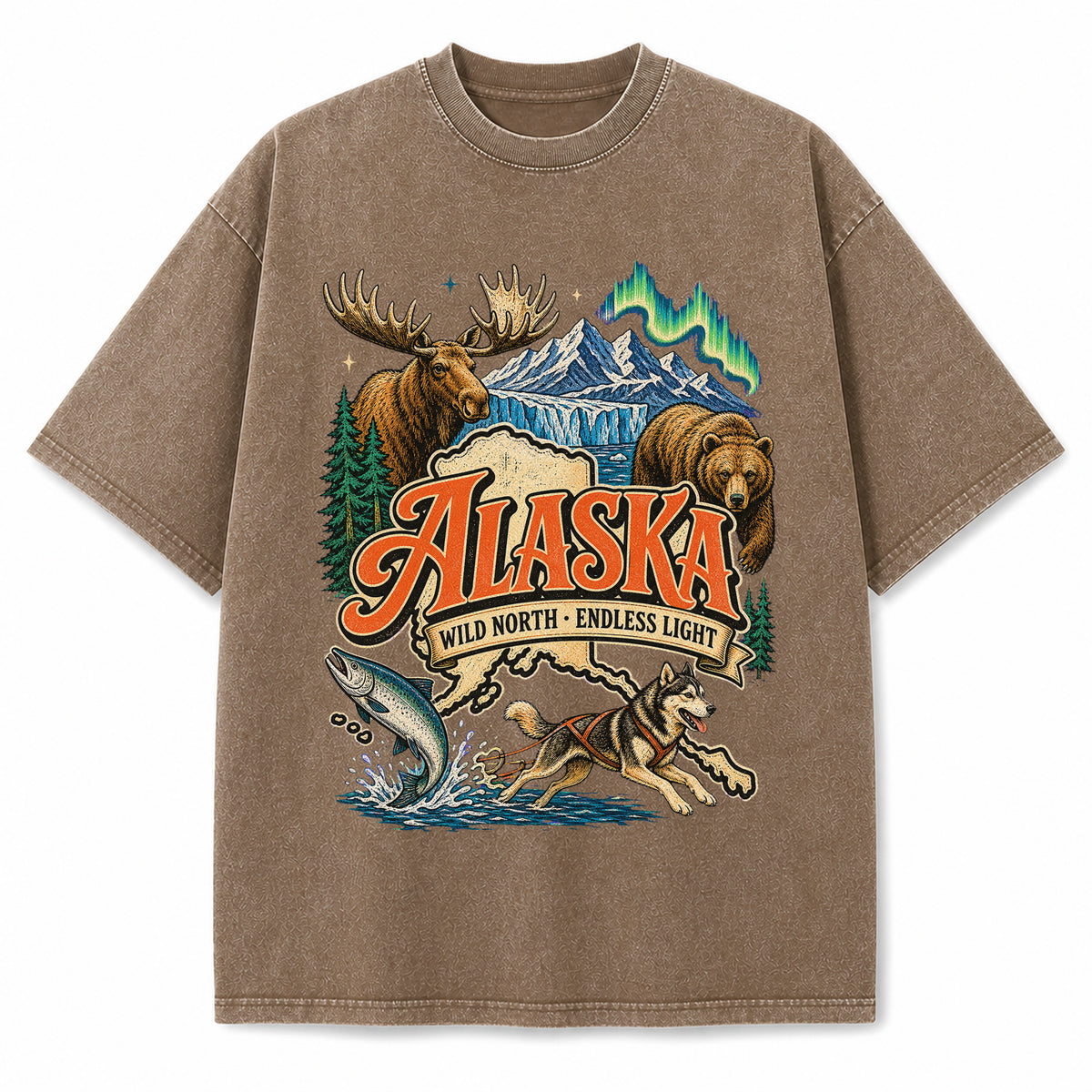Colorful Alaska State Collage Washed Vintage T-Shirt in Brown, front view on a white background