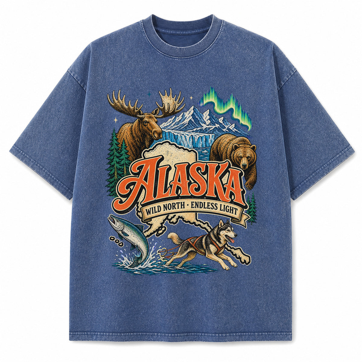 Colorful Alaska State Collage Washed Vintage T-Shirt in Blue, front view on a white background