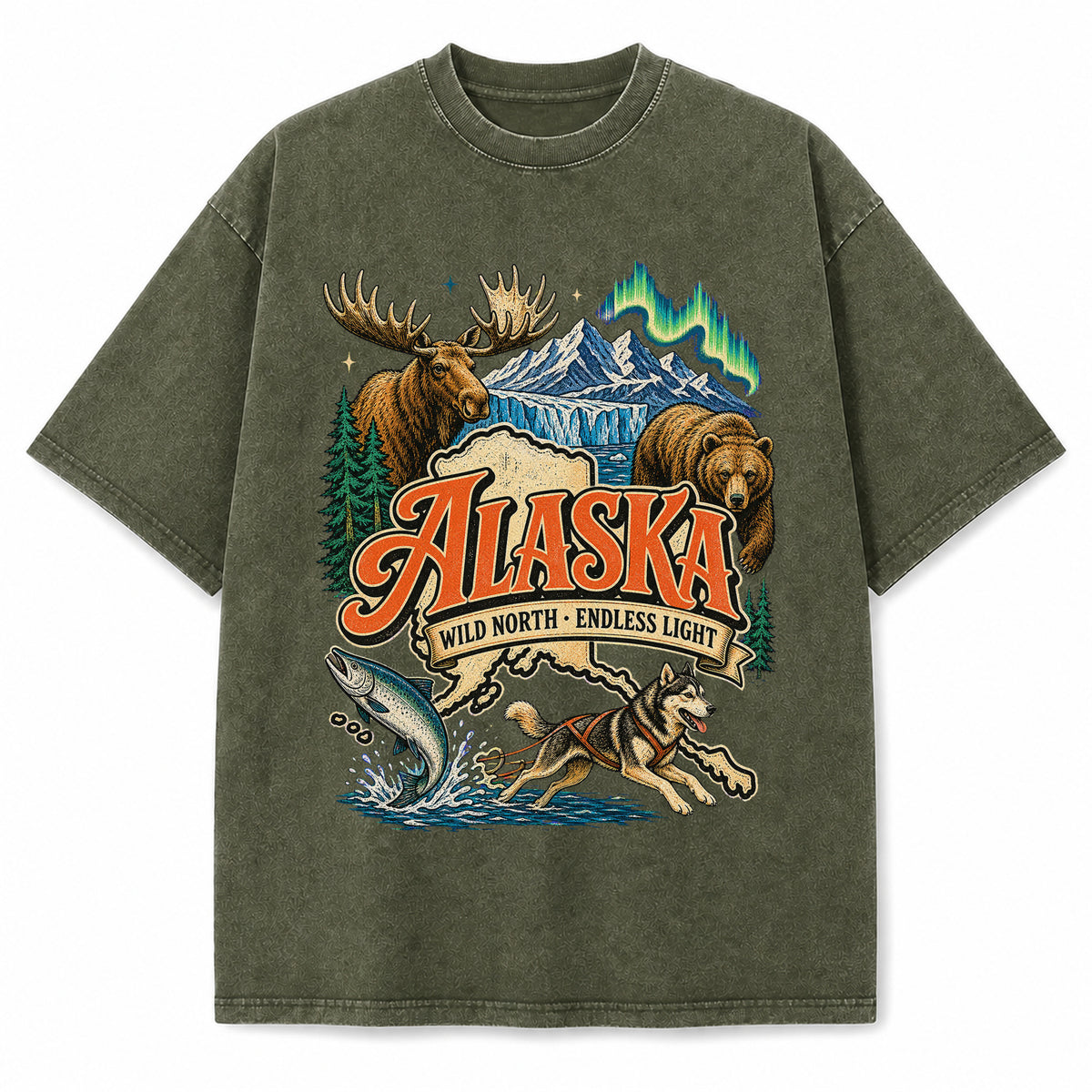 Colorful Alaska State Collage Washed Vintage T-Shirt in Military Green, front view on a white background