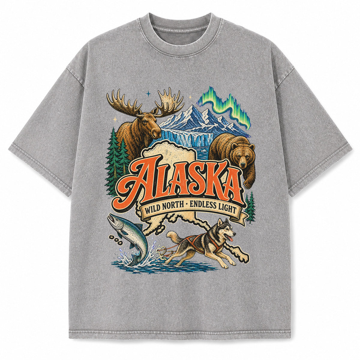 Colorful Alaska State Collage Washed Vintage T-Shirt in Light Gray, front view on a white background