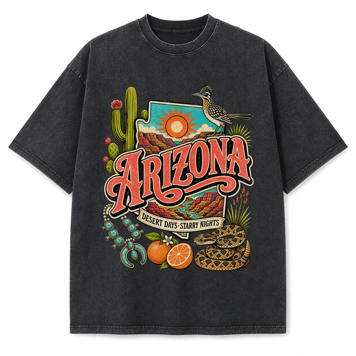 Colorful Arizona State Collage Washed Vintage T-Shirt in Black, front view on a white background