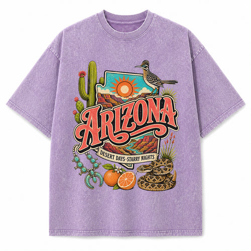 Colorful Arizona State Collage Washed Vintage T-Shirt in Purple, front view on a white background