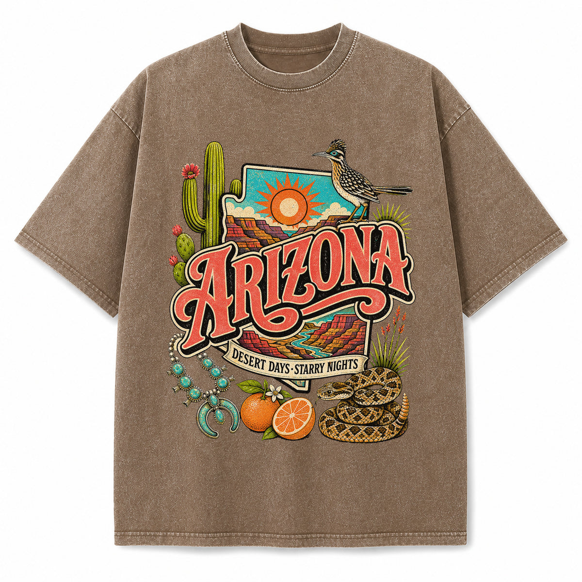 Colorful Arizona State Collage Washed Vintage T-Shirt in Brown, front view on a white background