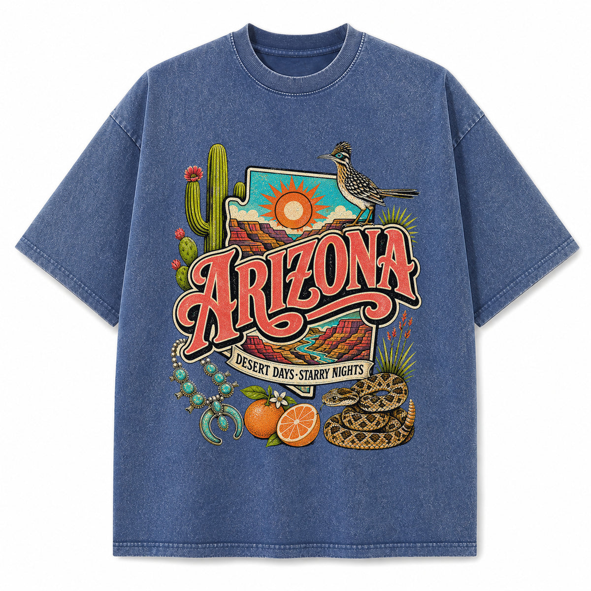 Colorful Arizona State Collage Washed Vintage T-Shirt in Blue, front view on a white background