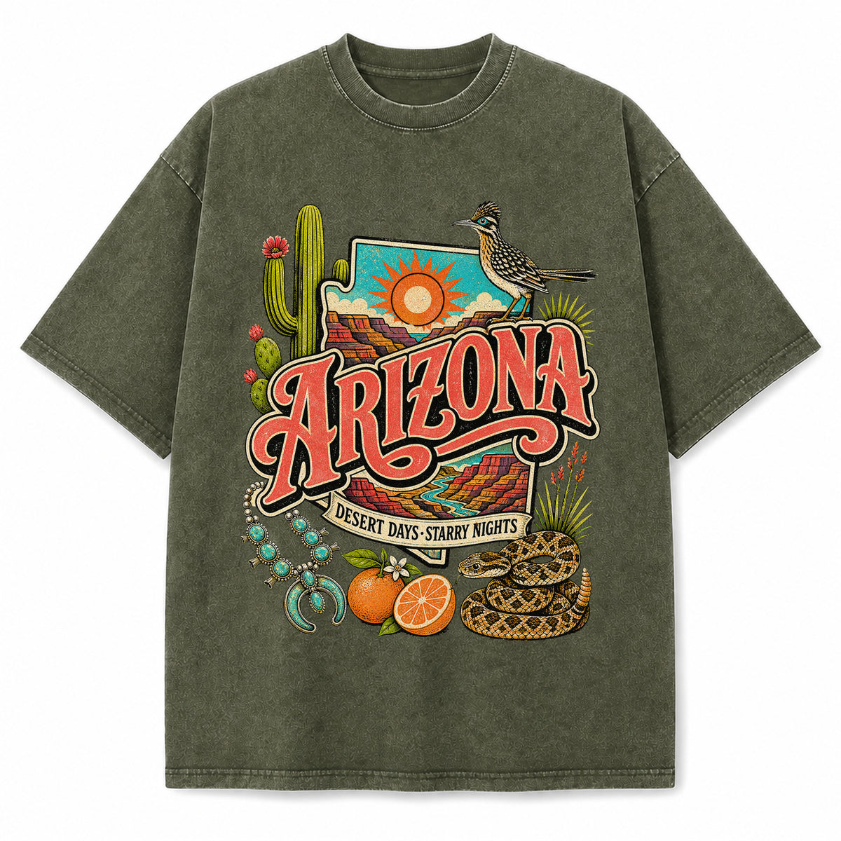 Colorful Arizona State Collage Washed Vintage T-Shirt in Military Green, front view on a white background