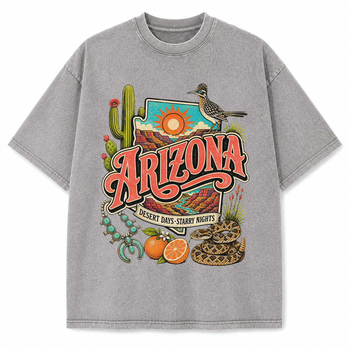 Colorful Arizona State Collage Washed Vintage T-Shirt in Light Gray, front view on a white background