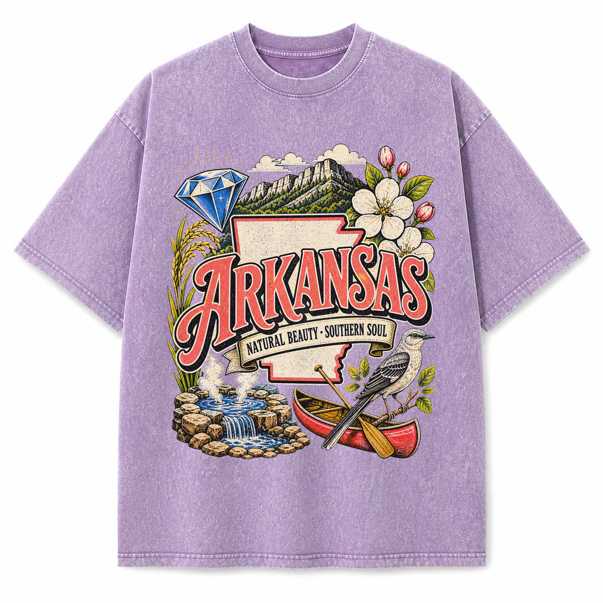 Colorful Arkansas State Collage Washed Vintage T-Shirt in Purple, front view on a white background