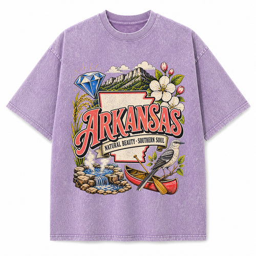 Colorful Arkansas State Collage Washed Vintage T-Shirt in Purple, front view on a white background