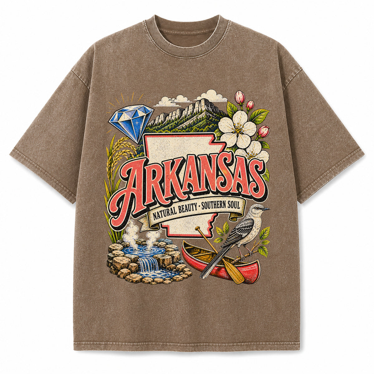 Colorful Arkansas State Collage Washed Vintage T-Shirt in Brown, front view on a white background