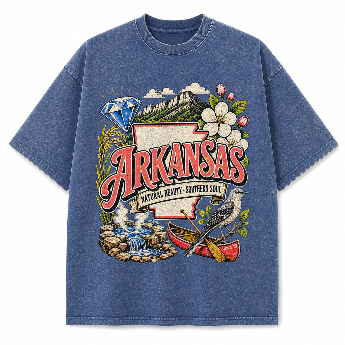 Colorful Arkansas State Collage Washed Vintage T-Shirt in Blue, front view on a white background