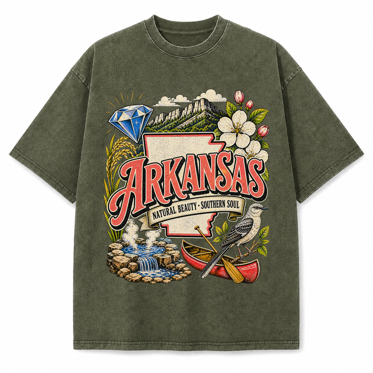 Colorful Arkansas State Collage Washed Vintage T-Shirt in Military Green, front view on a white background