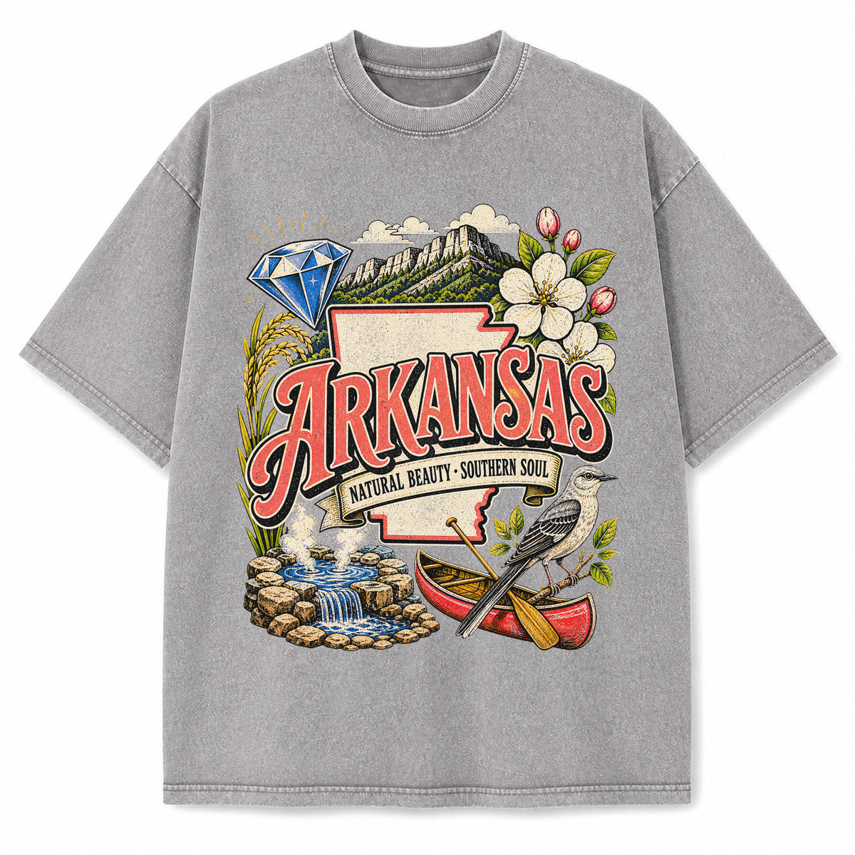 Colorful Arkansas State Collage Washed Vintage T-Shirt in Light Gray, front view on a white background