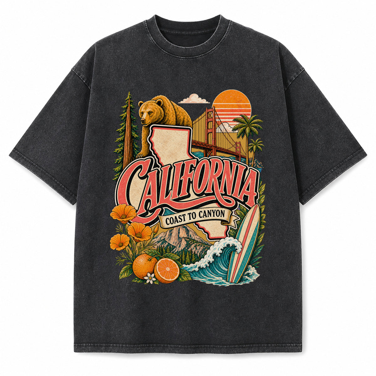 Colorful California State Collage Washed Vintage T-Shirt in Black, front view on a white background