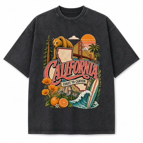 Colorful California State Collage Washed Vintage T-Shirt in Black, front view on a white background