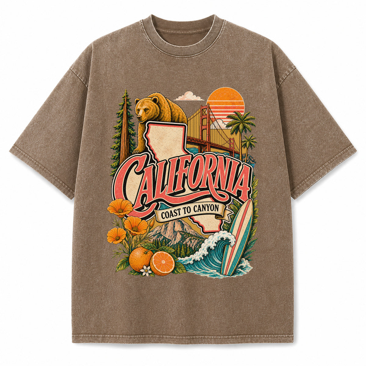 Colorful California State Collage Washed Vintage T-Shirt in Brown, front view on a white background