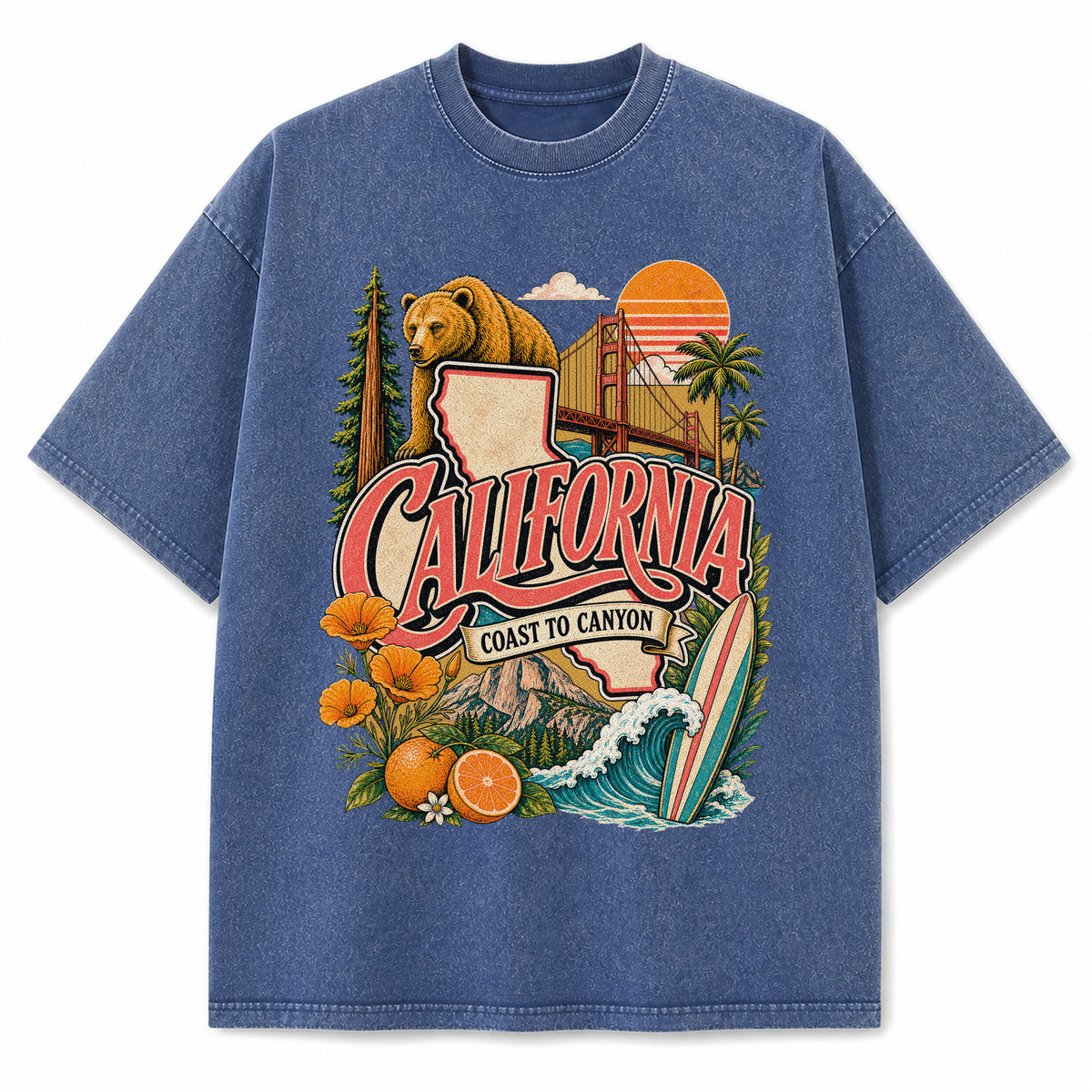 Colorful California State Collage Washed Vintage T-Shirt in Blue, front view on a white background