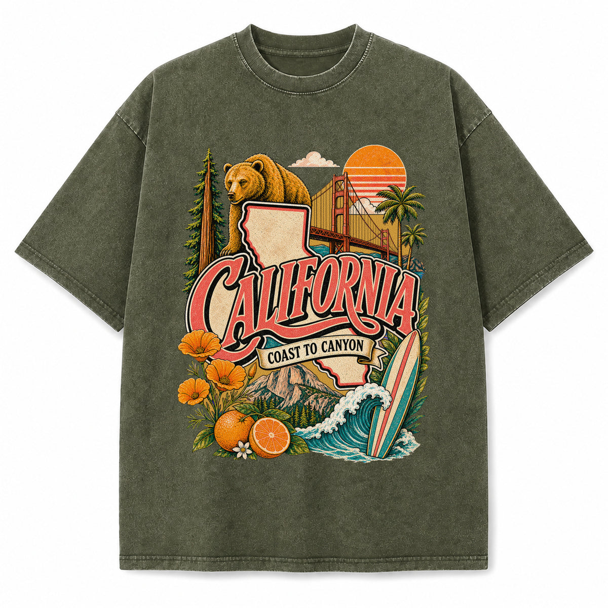 Colorful California State Collage Washed Vintage T-Shirt in Military Green, front view on a white background