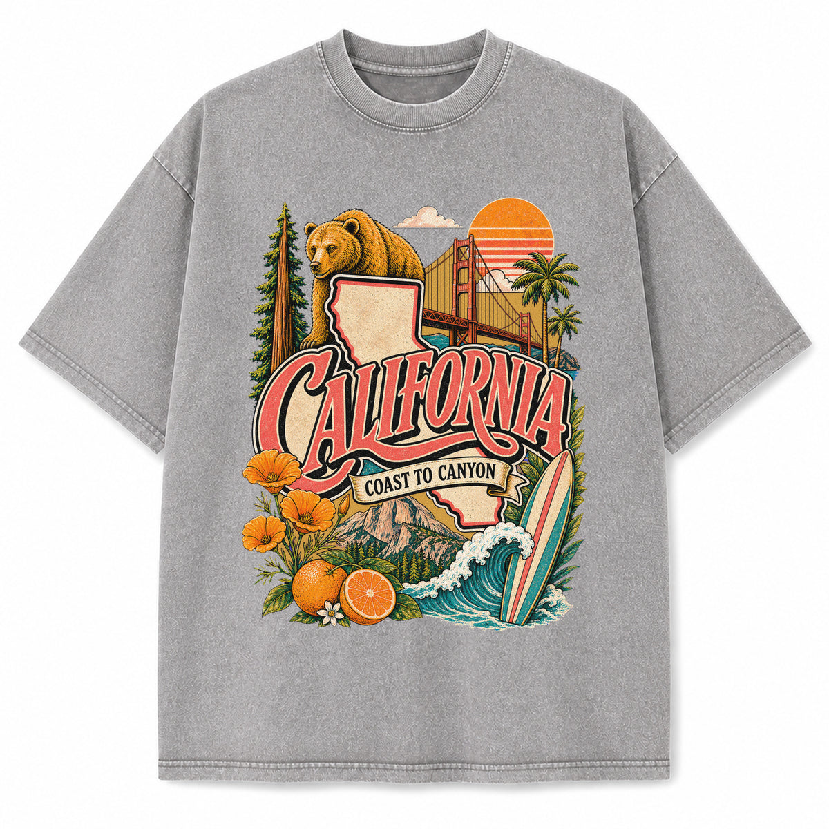 Colorful California State Collage Washed Vintage T-Shirt in Light Gray, front view on a white background