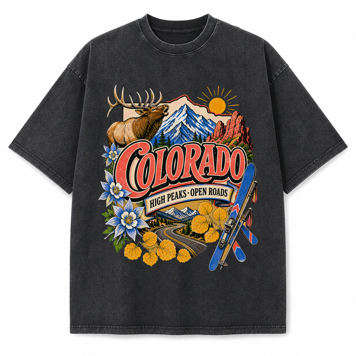 Colorful Colorado State Collage Washed Vintage T-Shirt in Black, front view on a white background