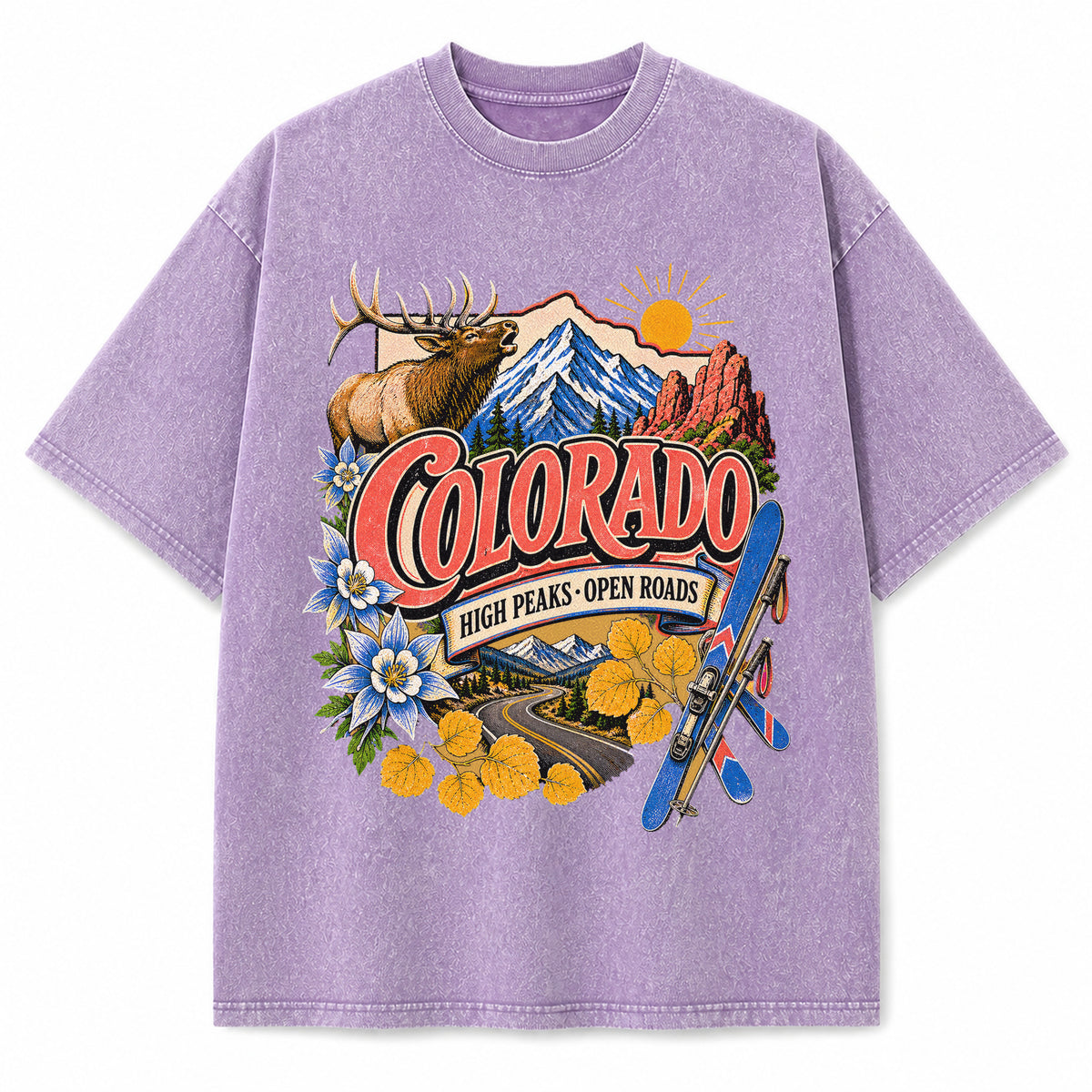 Colorful Colorado State Collage Washed Vintage T-Shirt in Purple, front view on a white background