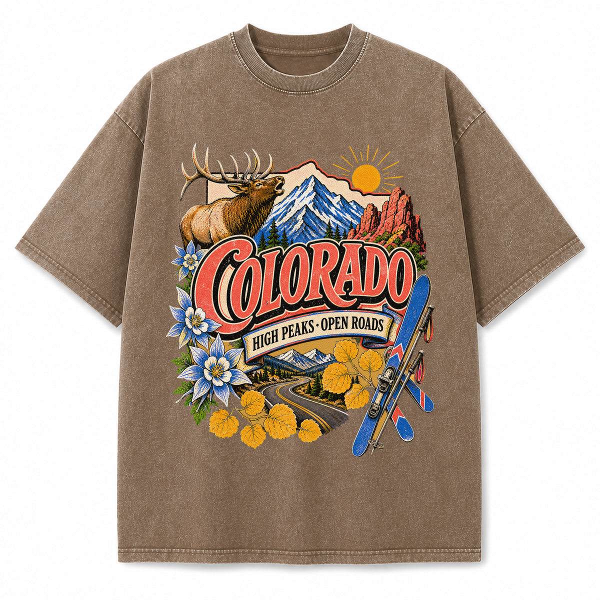 Colorful Colorado State Collage Washed Vintage T-Shirt in Brown, front view on a white background