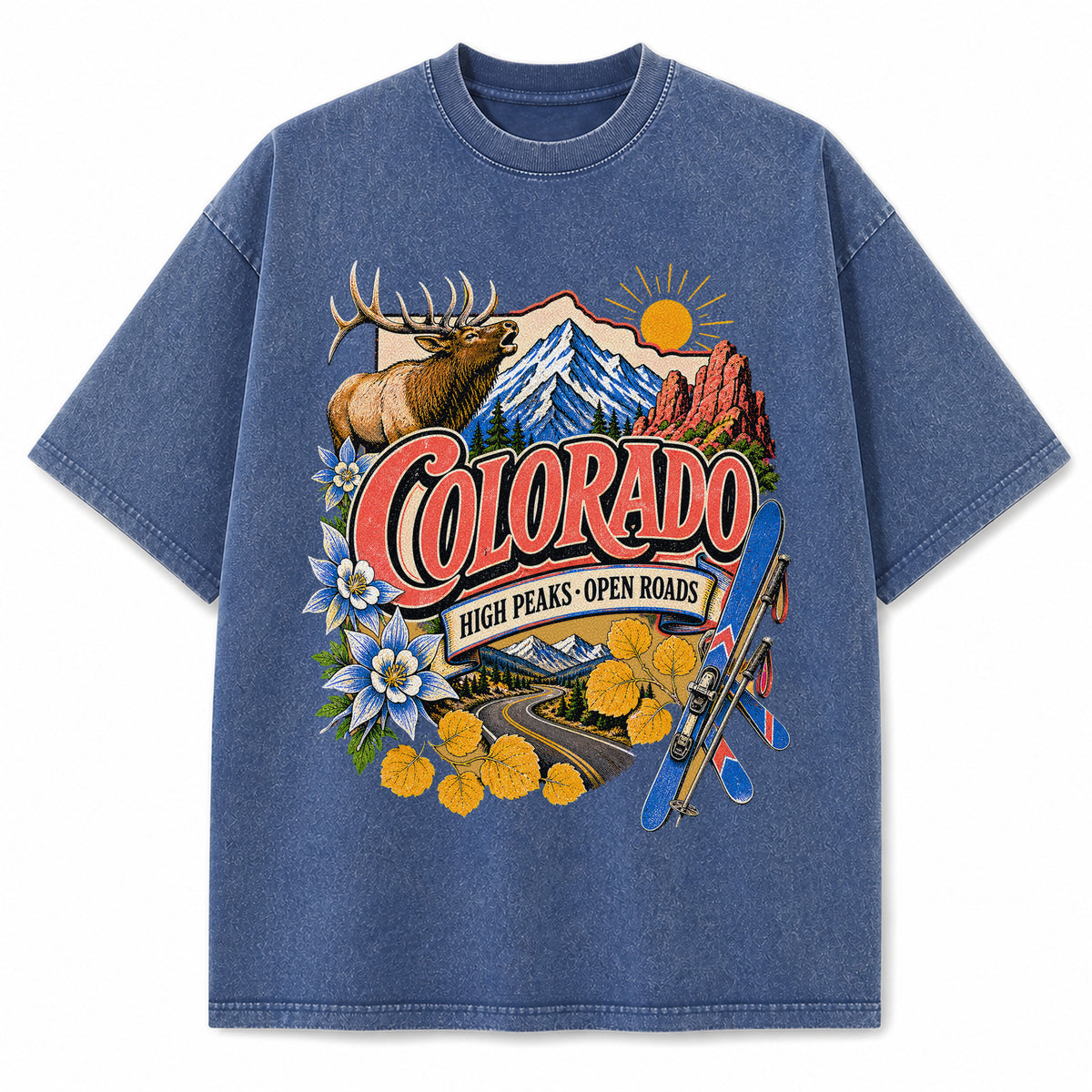 Colorful Colorado State Collage Washed Vintage T-Shirt in Blue, front view on a white background