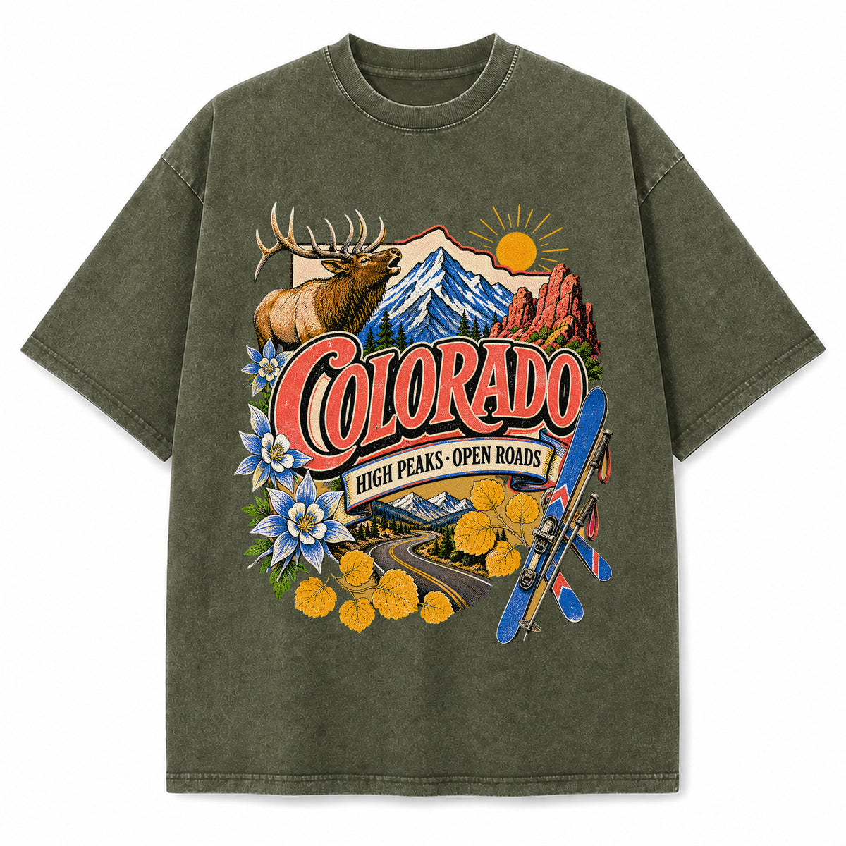 Colorful Colorado State Collage Washed Vintage T-Shirt in Military Green, front view on a white background
