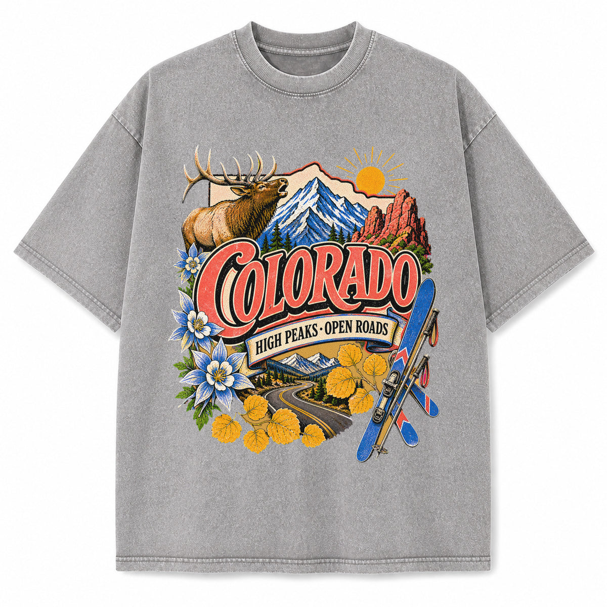 Colorful Colorado State Collage Washed Vintage T-Shirt in Light Gray, front view on a white background