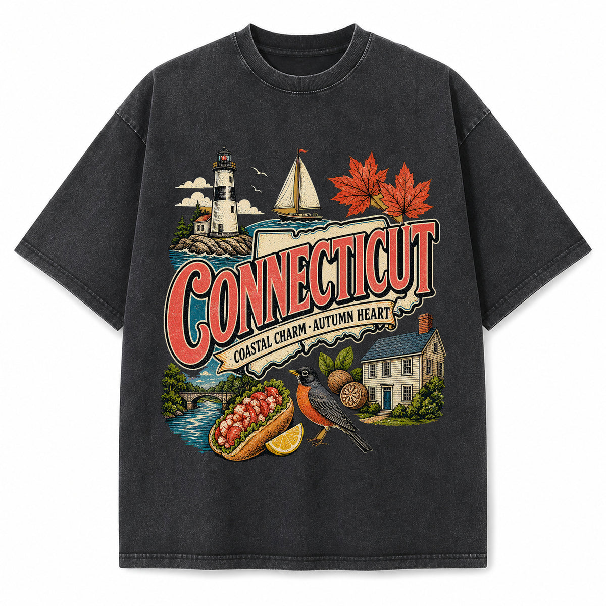 Colorful Connecticut State Collage Washed Vintage T-Shirt in Black, front view on a white background