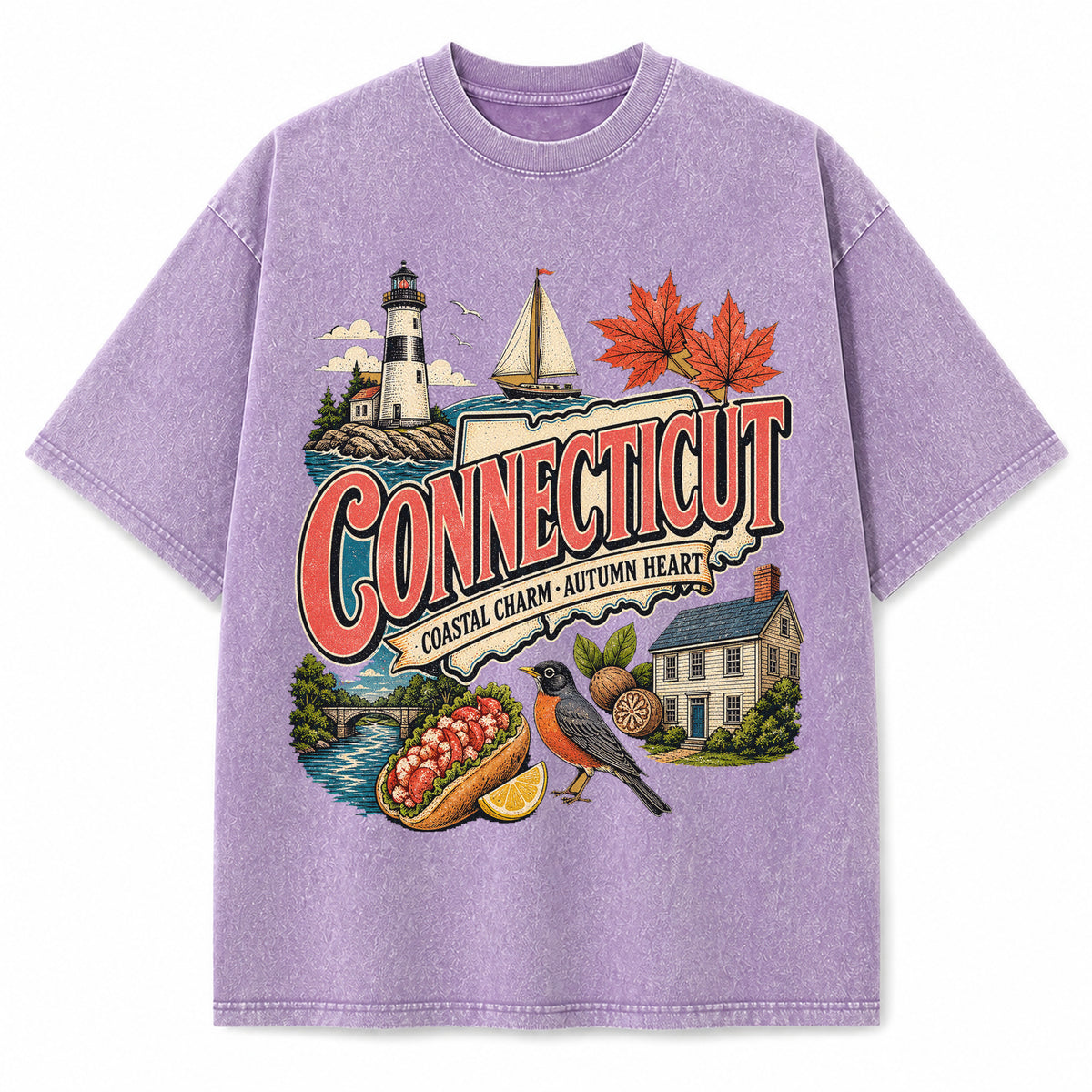Colorful Connecticut State Collage Washed Vintage T-Shirt in Purple, front view on a white background