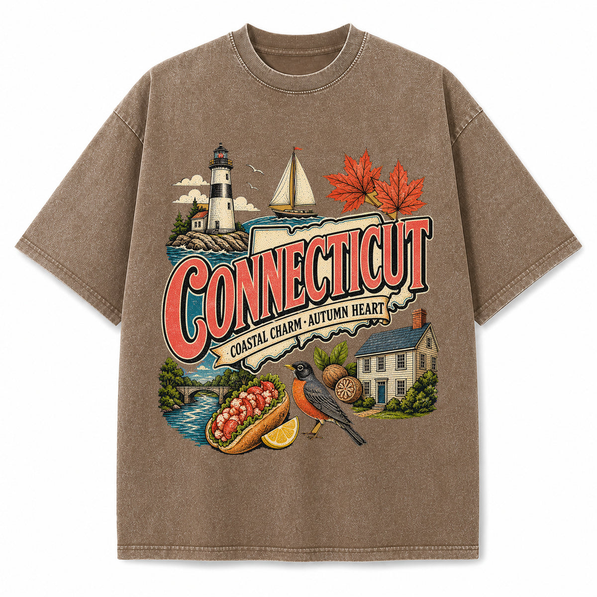 Colorful Connecticut State Collage Washed Vintage T-Shirt in Brown, front view on a white background