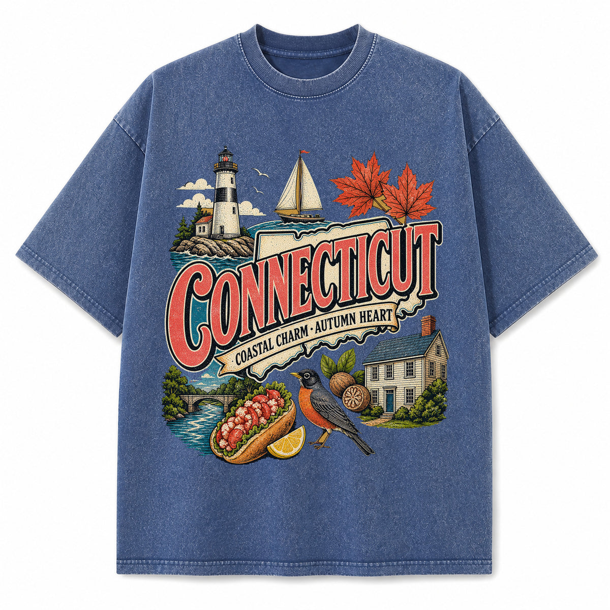 Colorful Connecticut State Collage Washed Vintage T-Shirt in Blue, front view on a white background