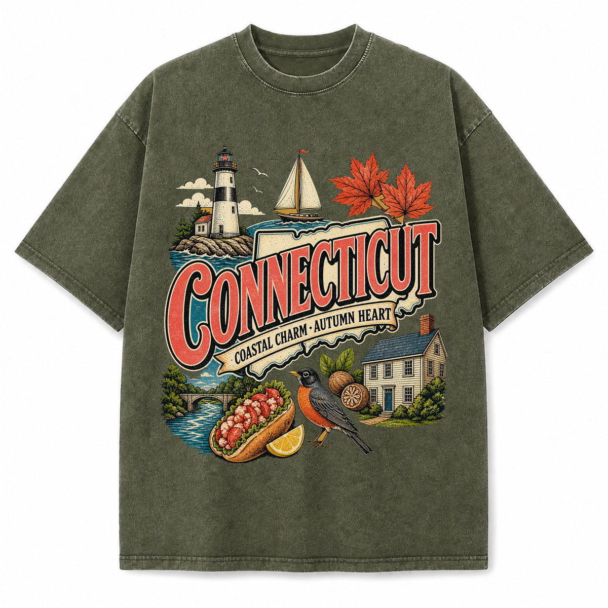 Colorful Connecticut State Collage Washed Vintage T-Shirt in Military Green, front view on a white background