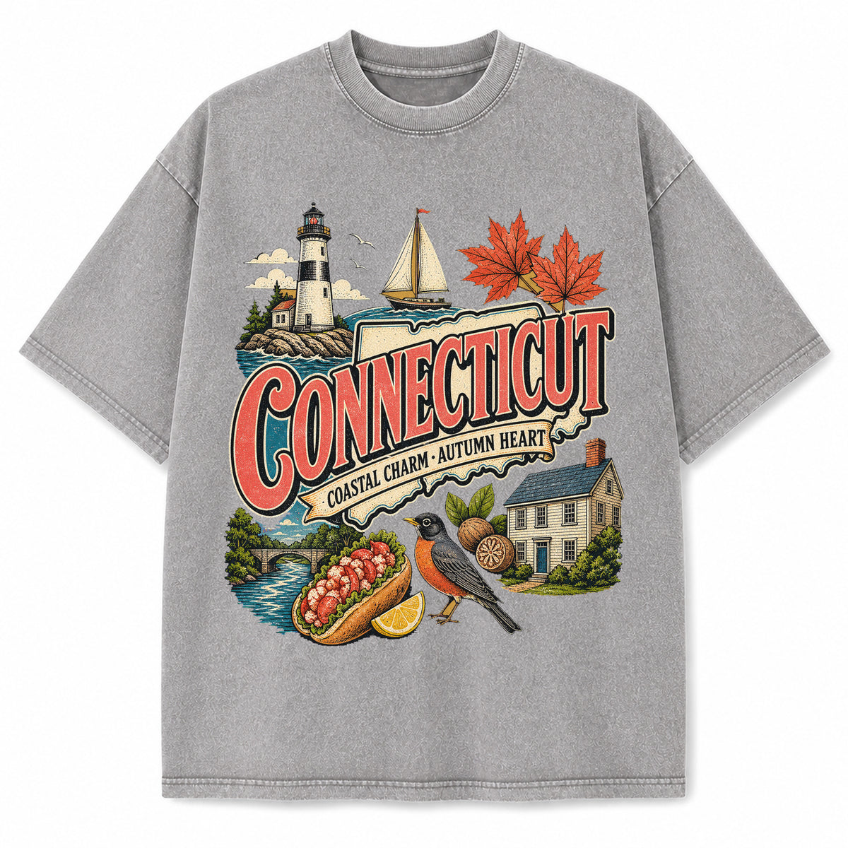 Colorful Connecticut State Collage Washed Vintage T-Shirt in Light Gray, front view on a white background