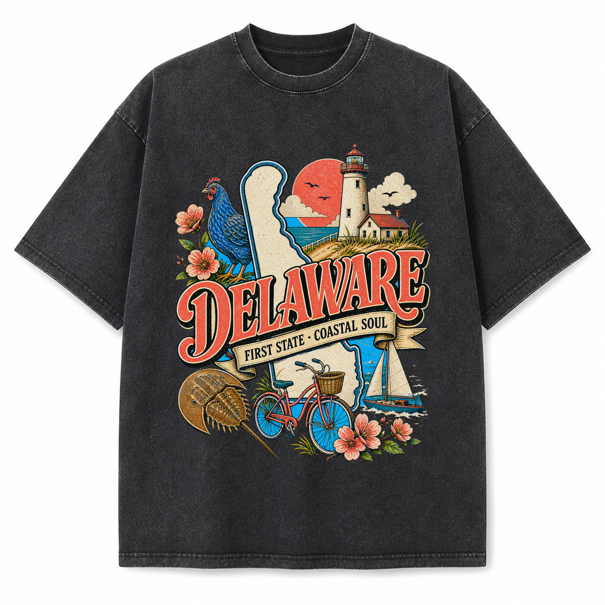 Colorful Delaware State Collage Washed Vintage T-Shirt in Black, front view on a white background