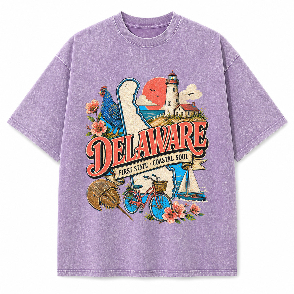 Colorful Delaware State Collage Washed Vintage T-Shirt in Purple, front view on a white background