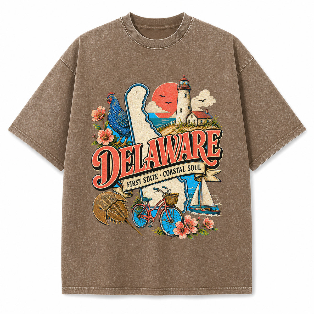 Colorful Delaware State Collage Washed Vintage T-Shirt in Brown, front view on a white background