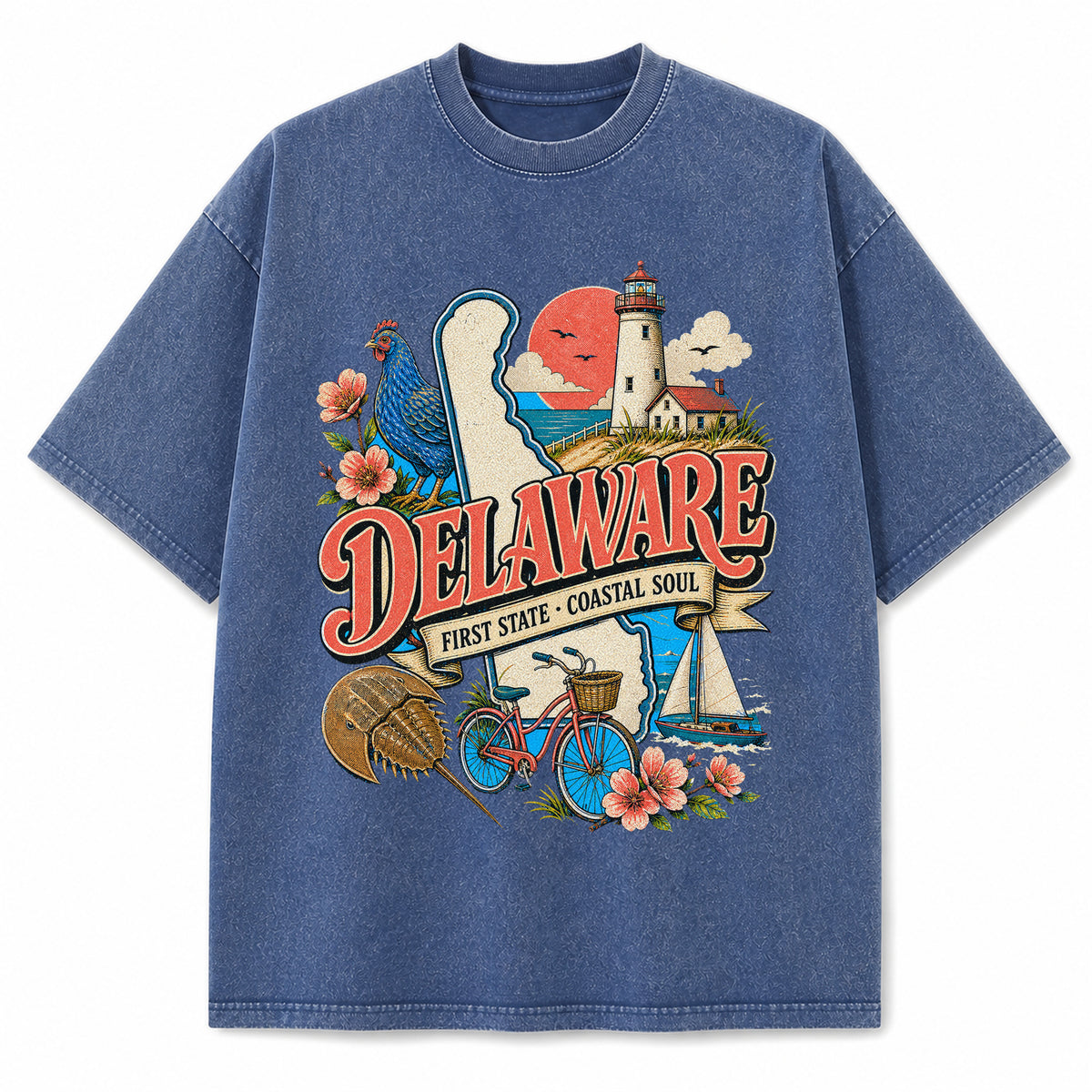Colorful Delaware State Collage Washed Vintage T-Shirt in Blue, front view on a white background