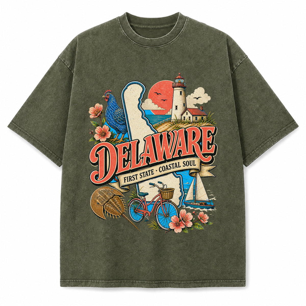 Colorful Delaware State Collage Washed Vintage T-Shirt in Military Green, front view on a white background
