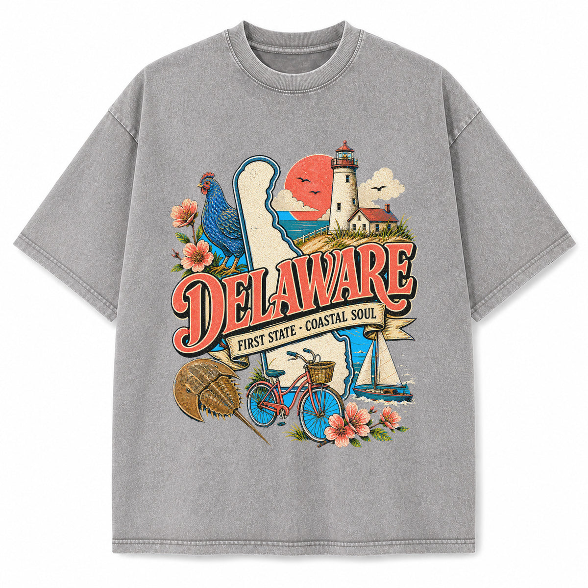 Colorful Delaware State Collage Washed Vintage T-Shirt in Light Gray, front view on a white background