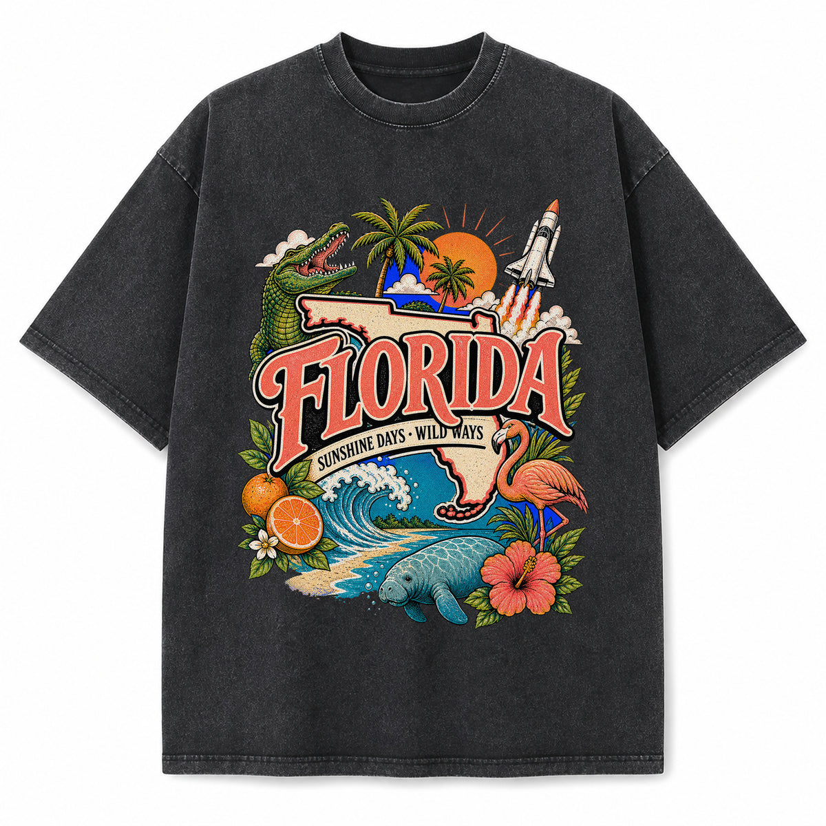 Colorful Florida State Collage Washed Vintage T-Shirt in Black, front view on a white background