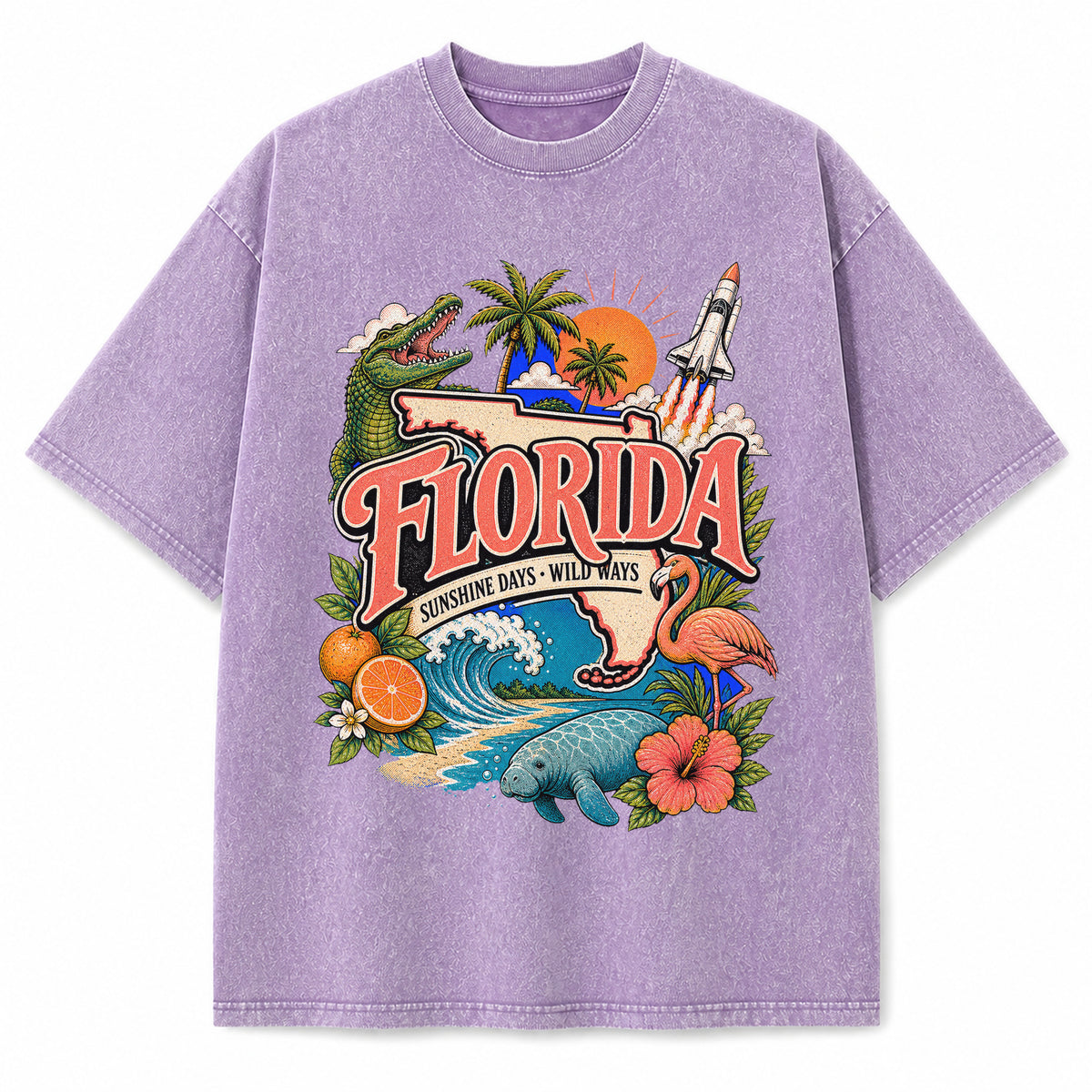 Colorful Florida State Collage Washed Vintage T-Shirt in Purple, front view on a white background