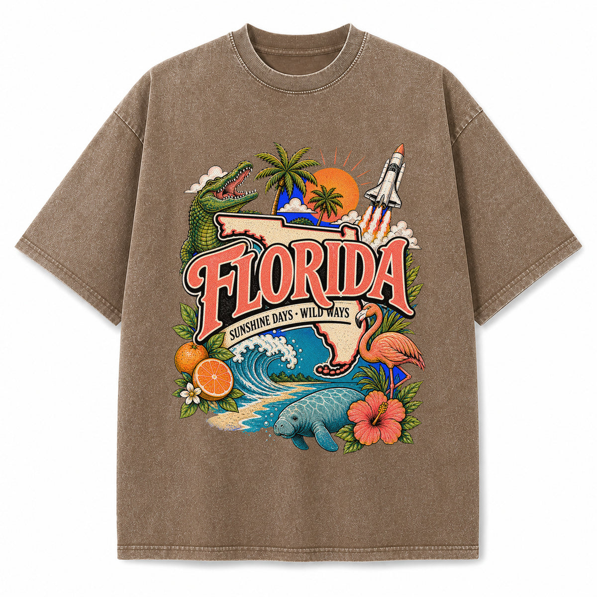 Colorful Florida State Collage Washed Vintage T-Shirt in Brown, front view on a white background