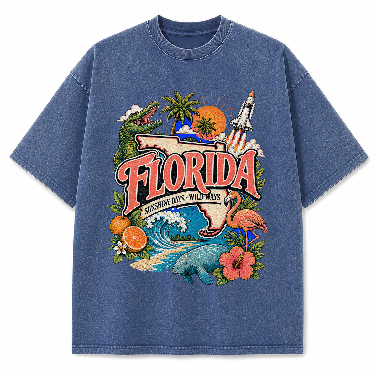 Colorful Florida State Collage Washed Vintage T-Shirt in Blue, front view on a white background