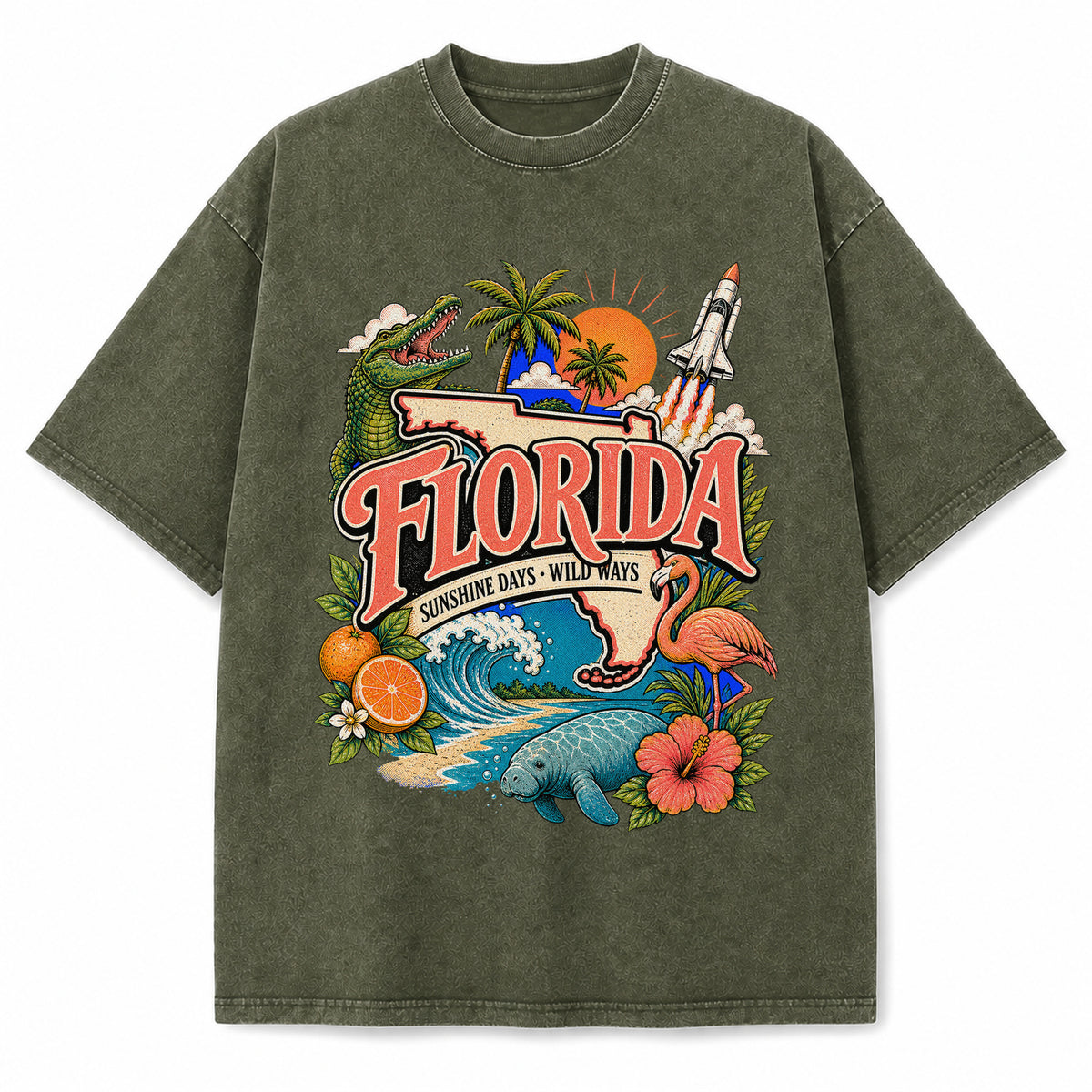 Colorful Florida State Collage Washed Vintage T-Shirt in Military Green, front view on a white background
